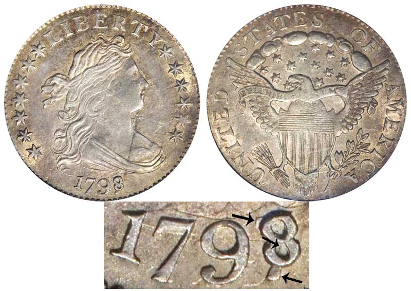 1798 Draped Bust Dimes 8 Over 7 - 13 Stars Heraldic Eagle Reverse