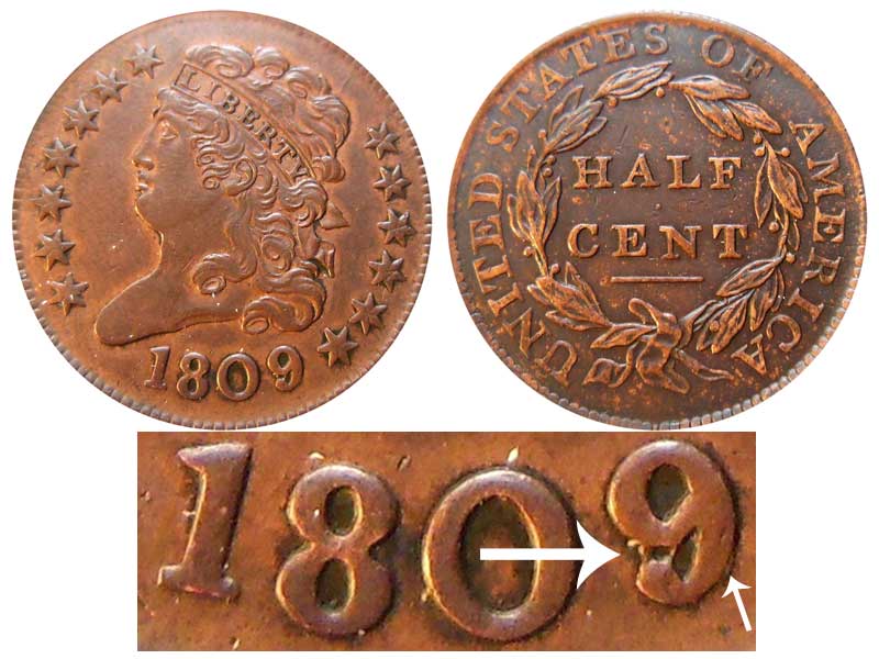 1809 Classic Head Half Cents 9 Over Inverted 9 Early Copper Half Penny