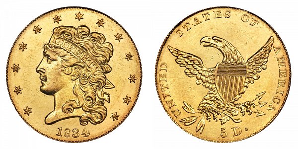 Classic Head Gold $5 Half Eagle No Motto US Coin
