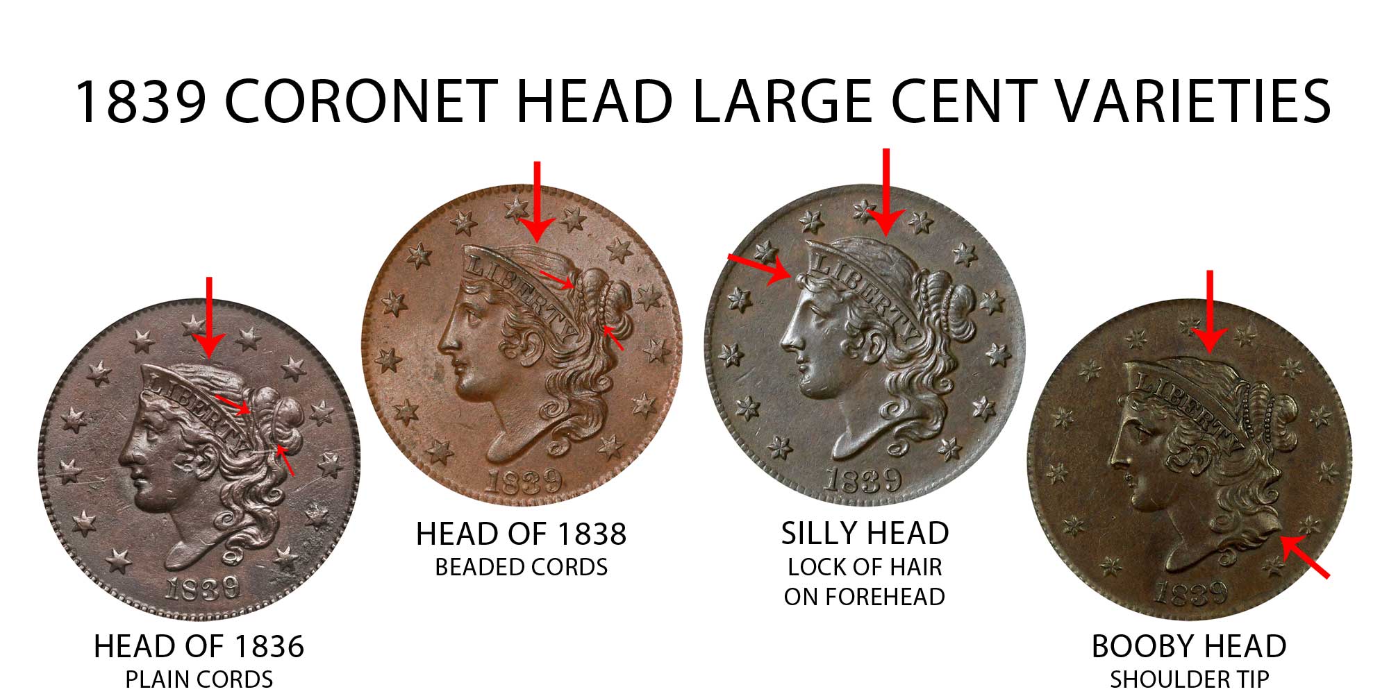 1839 Coronet Liberty Head Large Cent All Varieties Matron Early