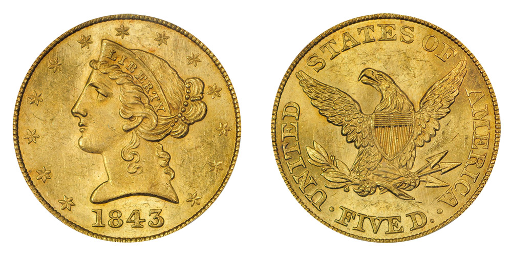 1843 Coronet Head Gold $5 Half Eagle Type 1 - No Motto - Liberty 