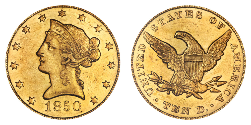 1850 Coronet Head Gold $10 Eagle Large Date New Style Liberty Head - No Motto Coin Value Prices, Photos & Info