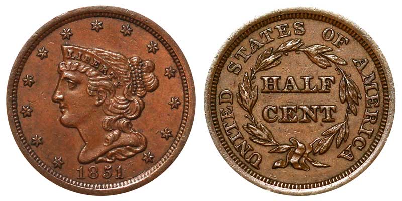 1851 Braided Hair Half Cent XF - US Coin — Huntington Stamp & Coin