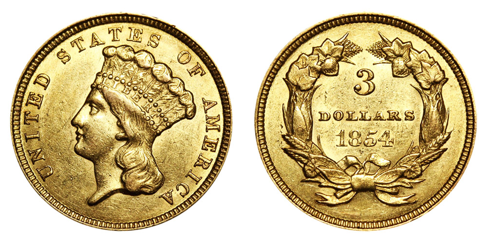 1854 Indian Princess Head Gold $3 Three Dollar Piece - Early Gold