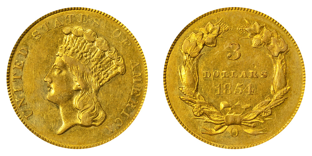1854 O Indian Princess Head Gold $3 Three Dollar Piece - Early Gold Coins Coin Value Prices, Photos Info