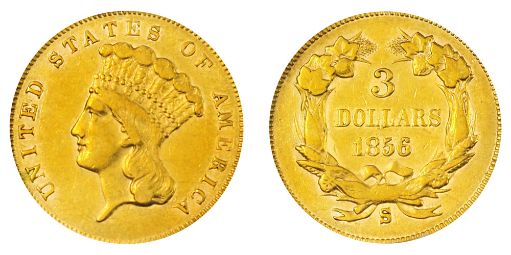 1854 Indian Princess Head Gold $3 Three Dollar Piece - Early Gold