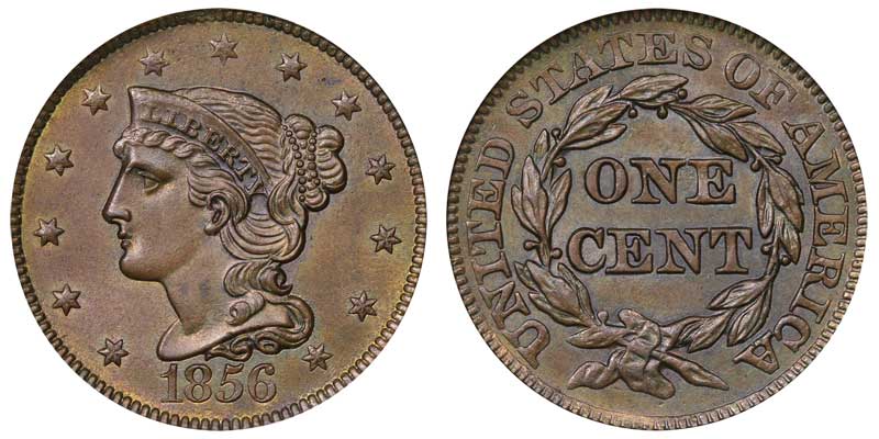 1856 Braided Hair Liberty Head Large Cent Slanted 5 Early Copper ...