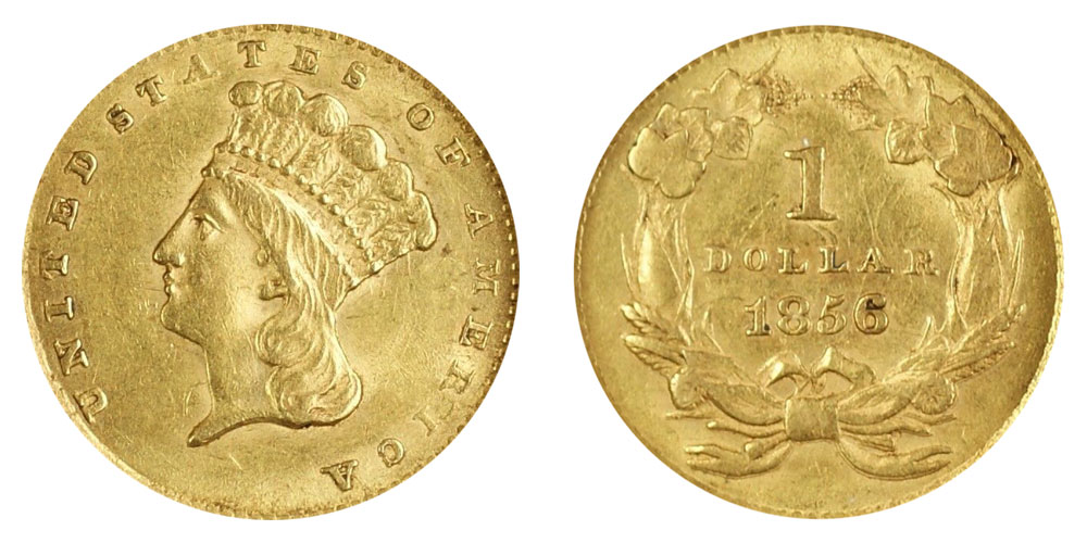 1856 Large Indian Head Gold Dollar Slanted 5 Type 3 - Indian Princess ...