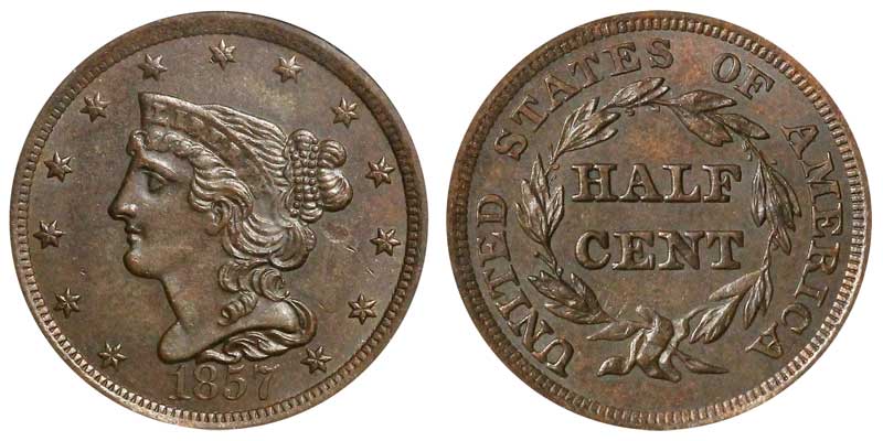 1857 Braided Hair Half Cent Early Copper Half Penny Coin ...