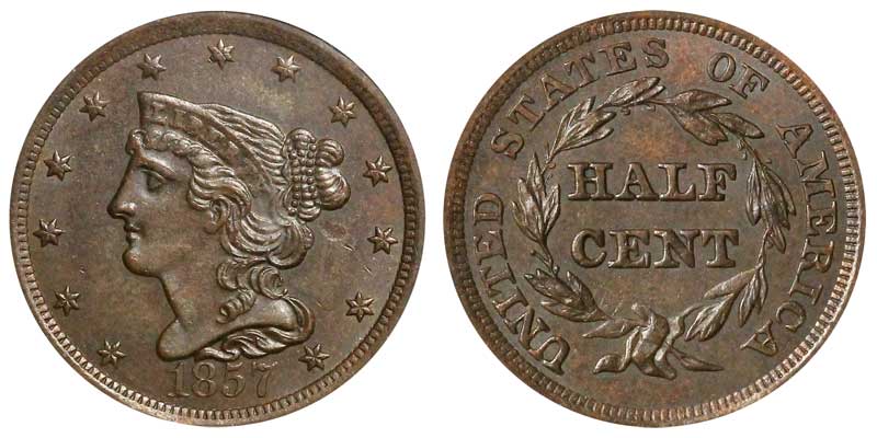 1857 Braided Hair Half Cent. B-2. Rarity-4. Proof-66 RB (NGC