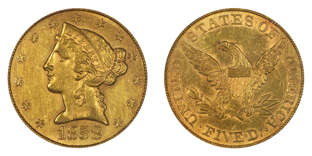 1858 Coronet Head Gold $5 Half Eagle Type 1 - No Motto - Liberty Head