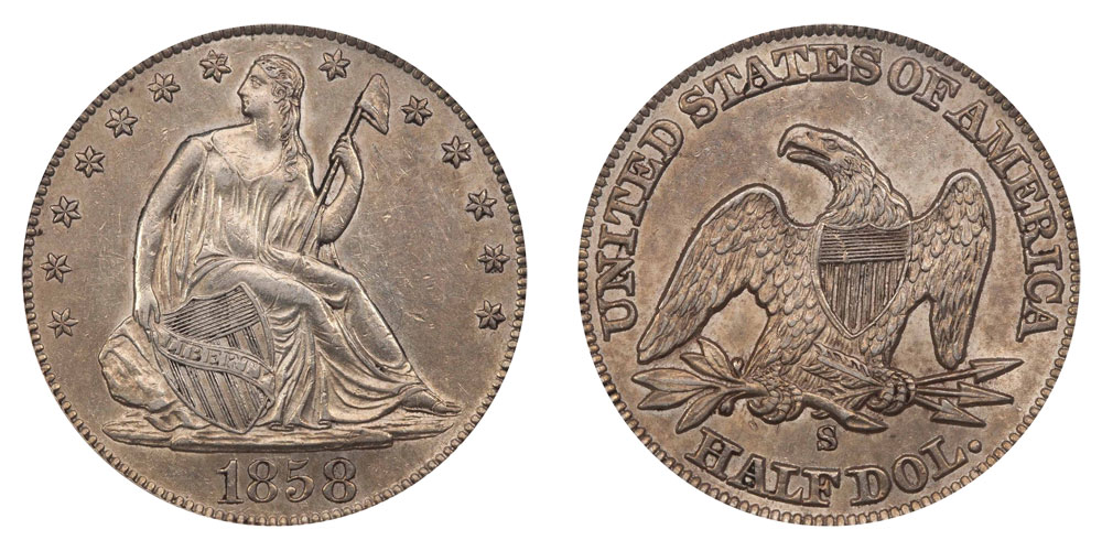 1858 S Seated Liberty Half Dollar Coin Value Prices, Photos & Info