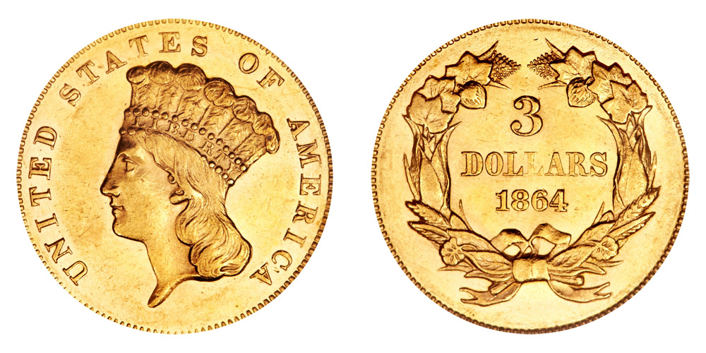 1864 Indian Princess Head Gold $3 Three Dollar Piece - Early Gold