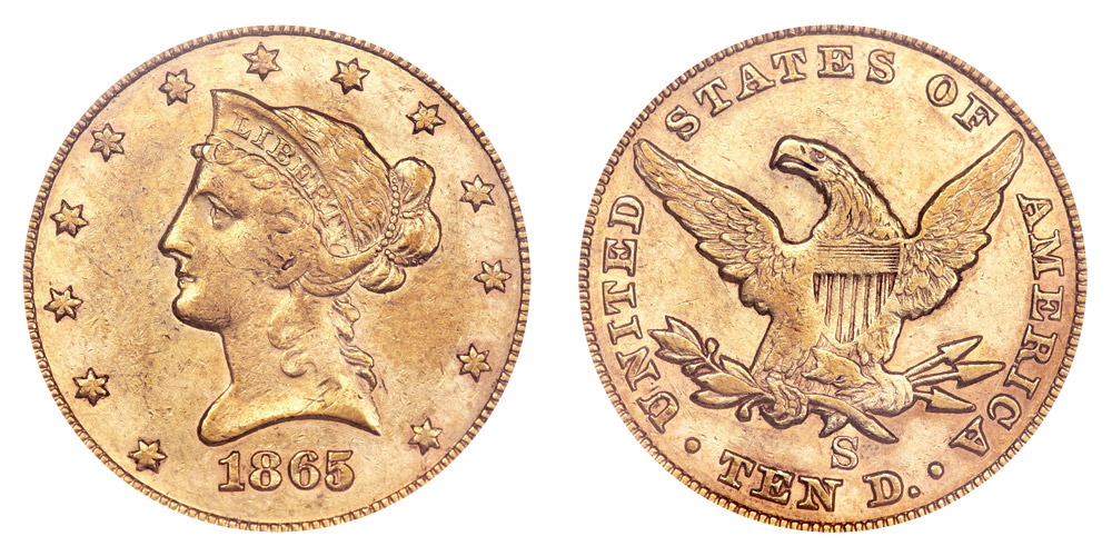1865 S Coronet Head Gold $10 Eagle Inverted 186 New Style Liberty Head - No Motto Coin Value Prices, Photos & Info