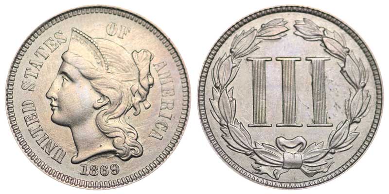 シルバー ゴールド アンティークコイン 1869 US 3 Cent Copper Nickel Coin #1798