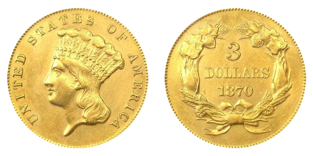 1870 Indian Princess Head Gold $3 Three Dollar Piece - Early Gold