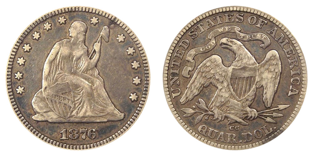 1876-cc seated liberty quarter