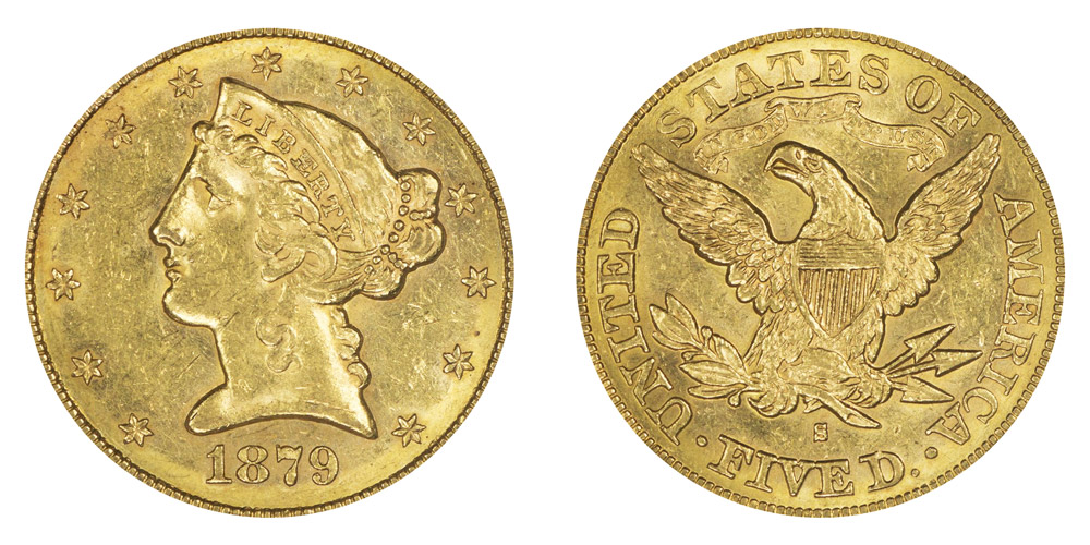 1879 S Coronet Head Gold $5 Half Eagle Type 2 - With Motto 