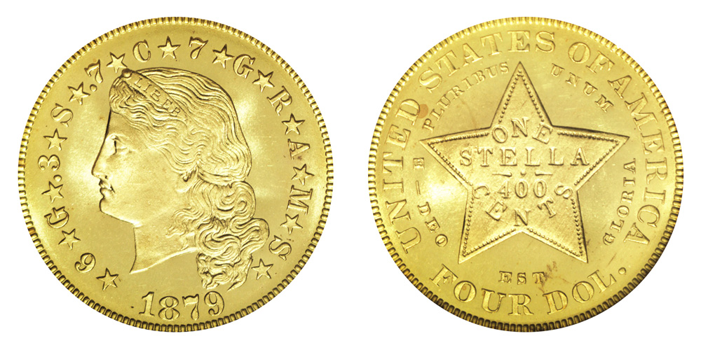 1879 Stella Gold $4 Flowing Hair Four Dollar Piece - Early Gold