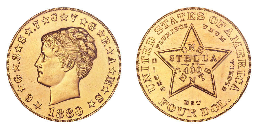 1880 Stella Gold $4 Coiled Hair Four Dollar Piece - Early Gold