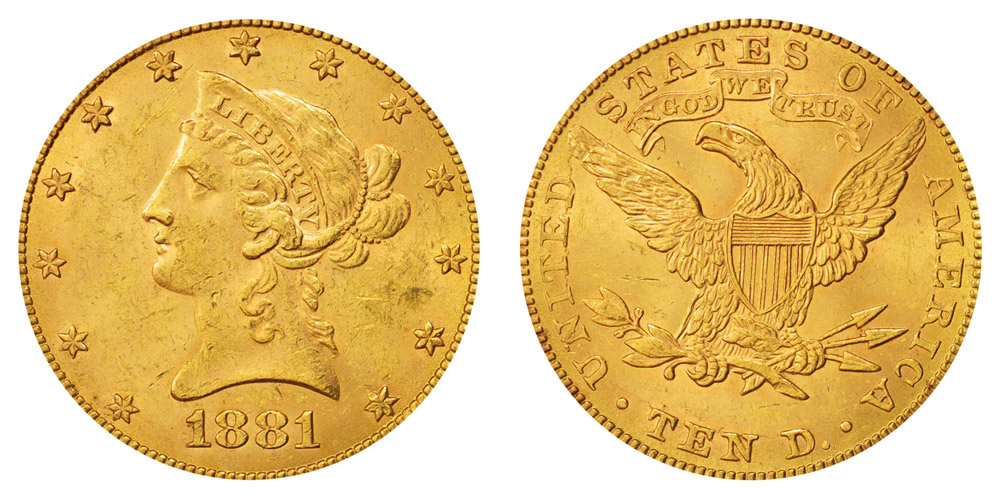 1881 Coronet Head Gold $10 Eagle New Style Liberty Head - With ...