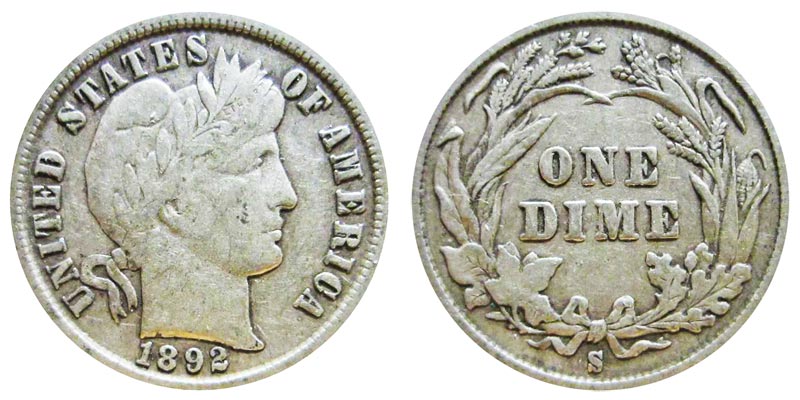 Uncertified VG 1892 Barber Silver Dime 
