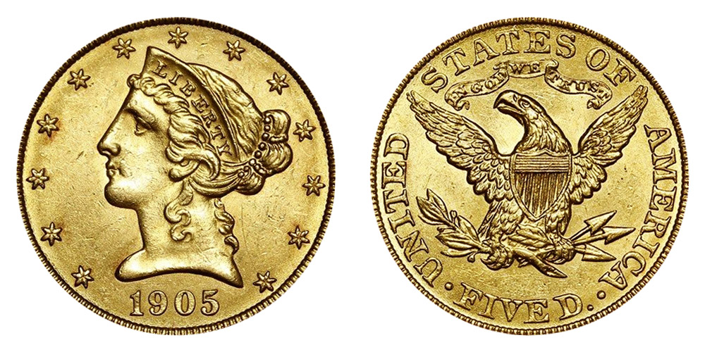 1905 Coronet Head Gold $5 Half Eagle Type 2 - With Motto - Liberty Head