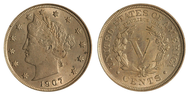 1907 5c Liberty Head V Nickel US Coin Average Circulated 