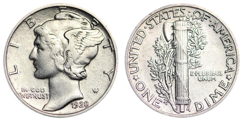 1928 Mercury Dime 90% Silver US Coin Circulated 