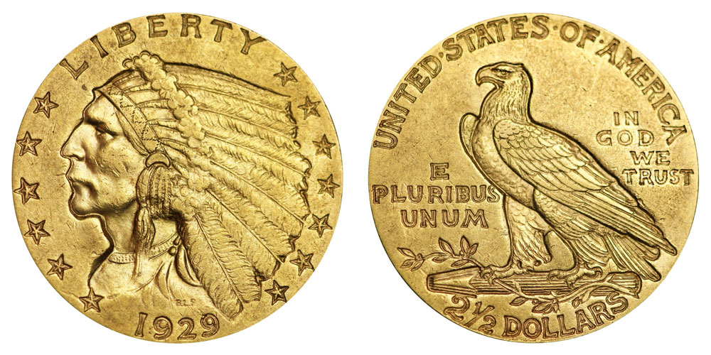 1929 $2.50 Gold Indian AU Slider Uncertified