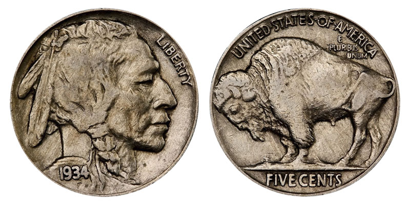 Fine 1934P US Buffalo 5 Cents 