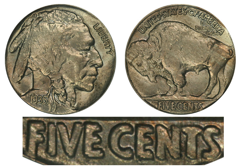 redaktionelle schweizisk til bundet 1935 Buffalo / Indian Head Nickel Doubled Die Reverse Coin Value Prices,  Photos & Info