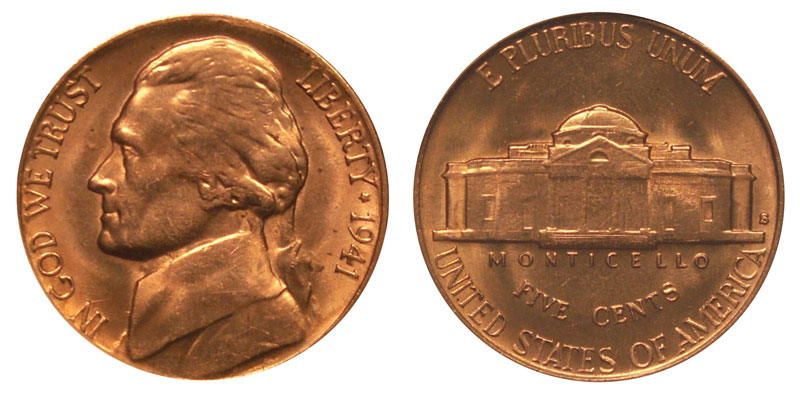 5 similar 1941 Philadelphia mint nickels group 4