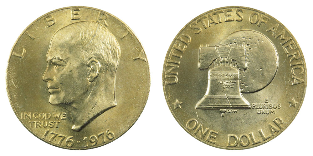 1976 Eisenhower Bicentennial Dollar Type 2 - Sharp Design - Delicate Lettering Coin Value Prices, Photos & Info
