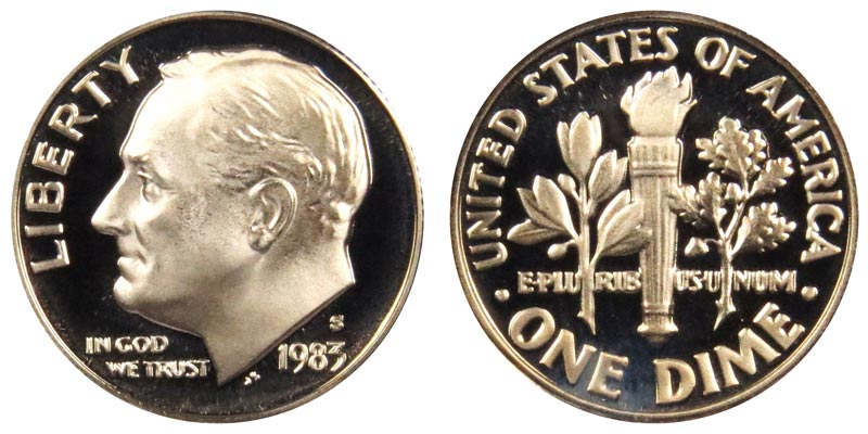 1983 S Roosevelt Dime 10c Gem Deep Cameo Proof CN-Clad Roll 50 US coins 