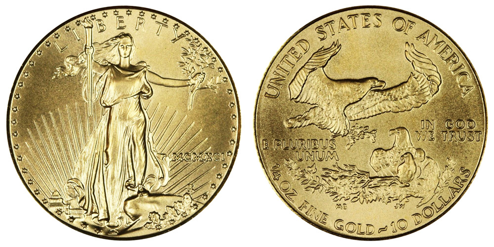 1991 American Gold Eagle Bullion Coin MCMXCI $10 Quarter Ounce Gold