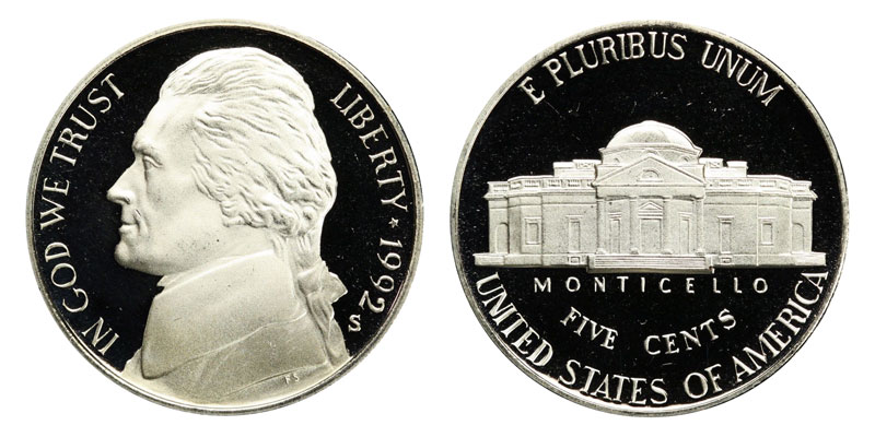 1992 P D S Jefferson Nickel's 1-P 1-D Brilliant Uncirculated Mint Coin's 1 Proof 