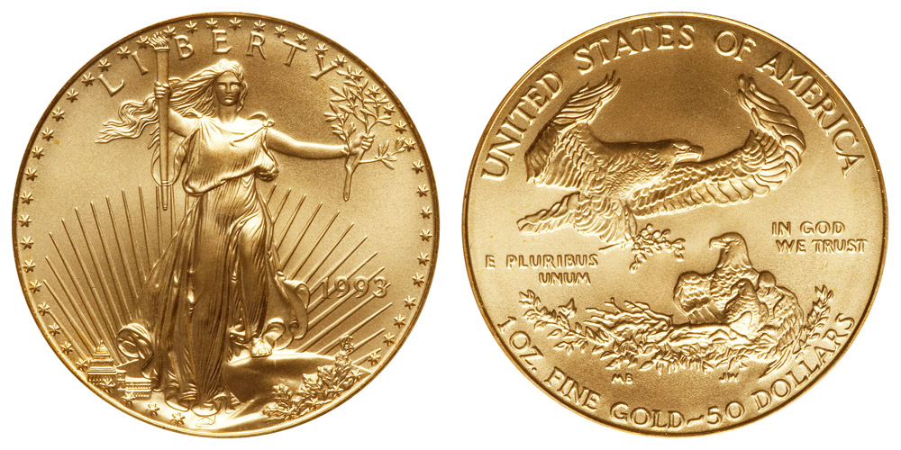 1993 American Gold Eagle Bullion Coin $50 One Ounce Gold - Type 1 Coin Value Prices, Photos & Info