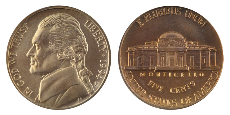 1994 P Jefferson Matte Finish BU Nickel Toned Philadelphia Mint Five Cent Coin 