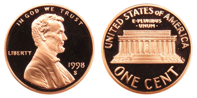 1998 S US Mint Gem Proof Lincoln 1 Cent Penny Coin United States One 