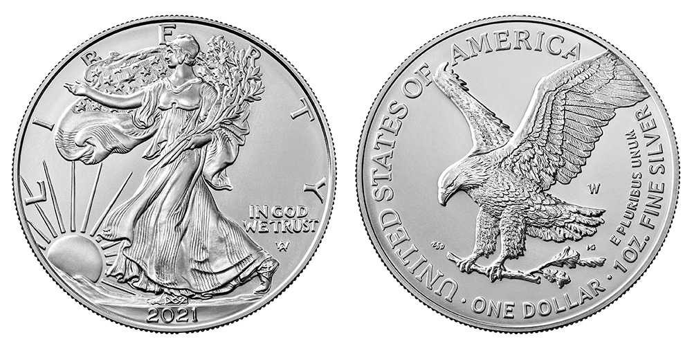 2021 W American Silver Eagle Bullion Coins Burnished Uncirculated Type 2 - Reverse of 2021: Auctions