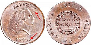 <b>1793 Flowing Hair Large Cent: AMERICA With Periods