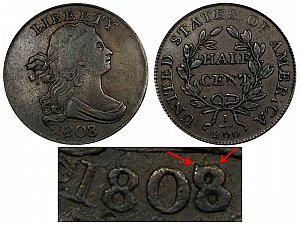 <b>1808 Draped Bust Half Cent: 8 Over 7