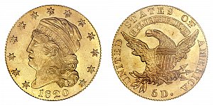 <b>1820 Capped Bust Gold $5 Half Eagle: Curl Base 2 - Small Letters