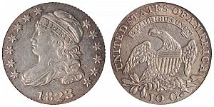 <b>1823 Capped Bust Dime: 3 Over 2 - Large E