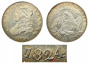 <b>1824 Capped Bust Quarter: 4 Over 2