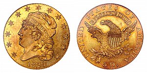 <b>1829 Capped Bust Gold $5 Half Eagle: Large Date