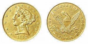 <b>1842-C Coronet Head Gold $5 Half Eagle: Small Date