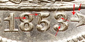 <b>1853 Seated Liberty Quarter: 3 Over 4