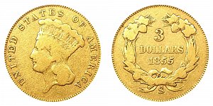 <b>1855-S Indian Princess Head Gold $3